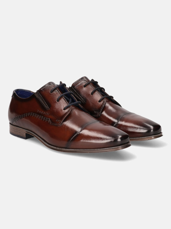 A brown Men's bugatti Derby featuring a round cap toe, moulded  heel. Made from premium genuine leather with a durable high quality synthetic outsole, this laces design offers both style and comfort.