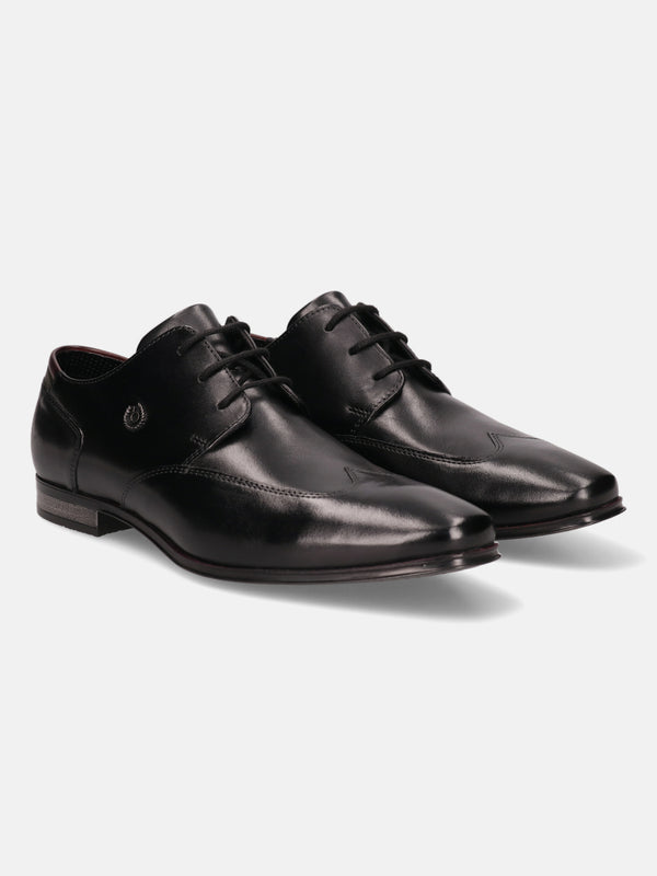 A black Men's bugatti Derby featuring a round wing tip, moulded  heel. Made from premium genuine leather with a durable high quality synthetic outsole, this laces design offers both style and comfort.