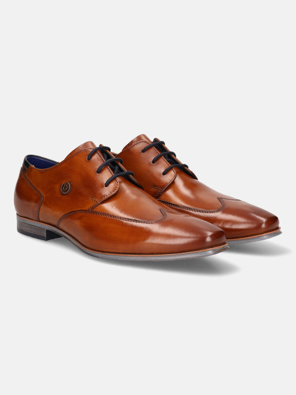 A cognac Men's bugatti Derby featuring a round wing tip, moulded  heel. Made from premium genuine leather with a durable high quality synthetic outsole, this laces design offers both style and comfort.