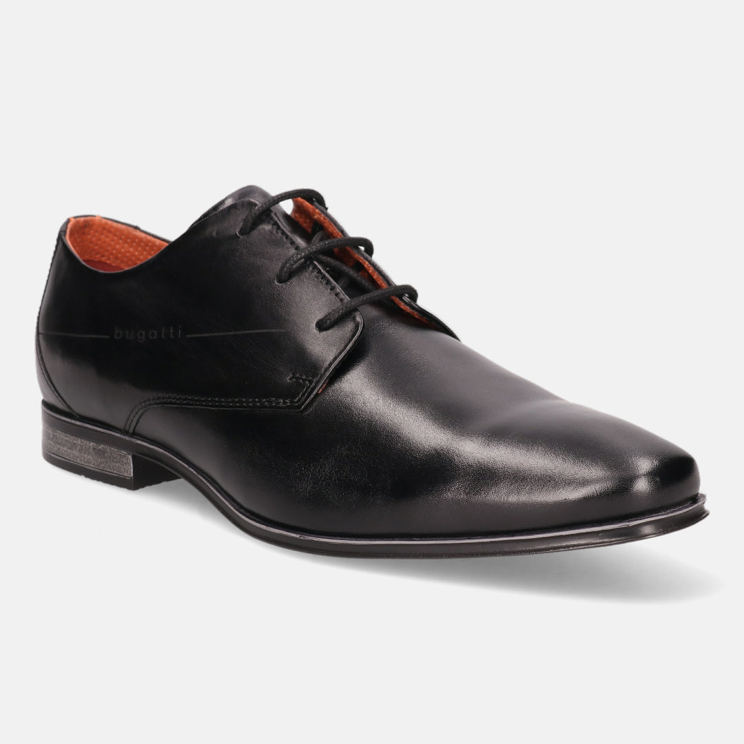 A black Men's bugatti Derby featuring a round plain toe, moulded  heel. Made from premium genuine leather with a durable high quality synthetic outsole, this laces design offers both style and comfort.