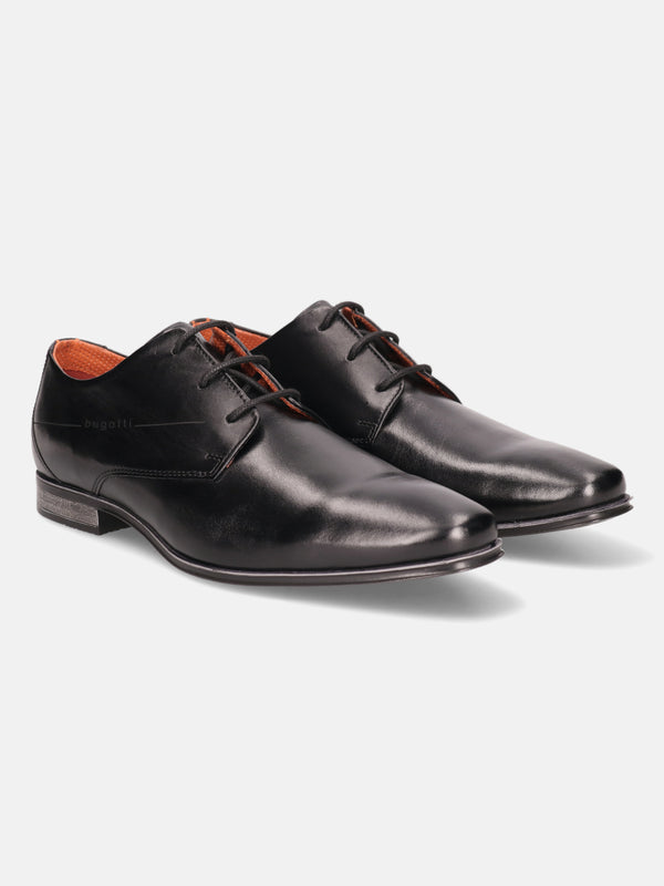 A black Men's bugatti Derby featuring a round plain toe, moulded  heel. Made from premium genuine leather with a durable high quality synthetic outsole, this laces design offers both style and comfort.