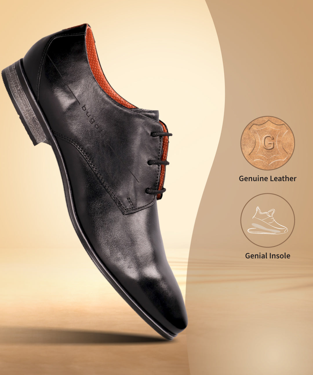 Bugatti Margo black leather derby shoes featuring a comfort insole and lace-up closure.