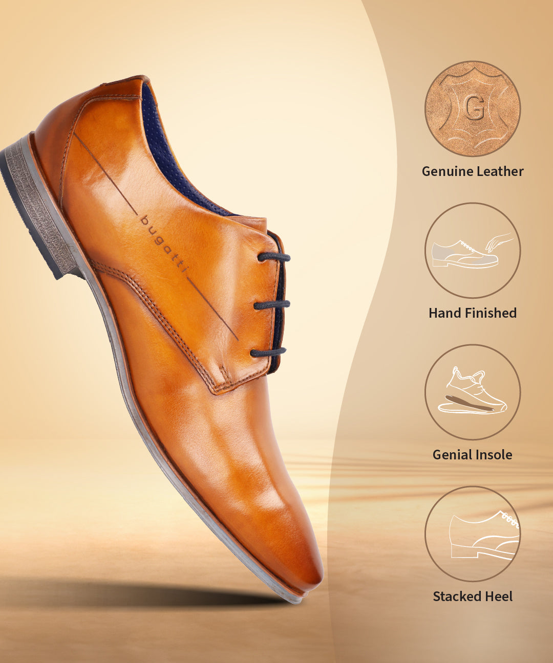 A yellow Men's bugatti Derby featuring a round plain toe, moulded  heel. Made from premium genuine leather with a durable high quality synthetic outsole, this laces design offers both style and comfort.