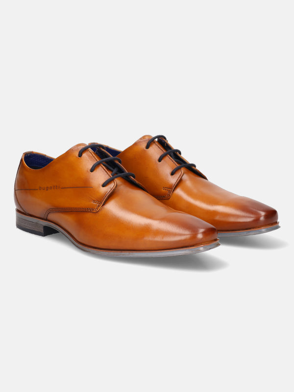 A yellow Men's bugatti Derby featuring a round plain toe, moulded  heel. Made from premium genuine leather with a durable high quality synthetic outsole, this laces design offers both style and comfort.