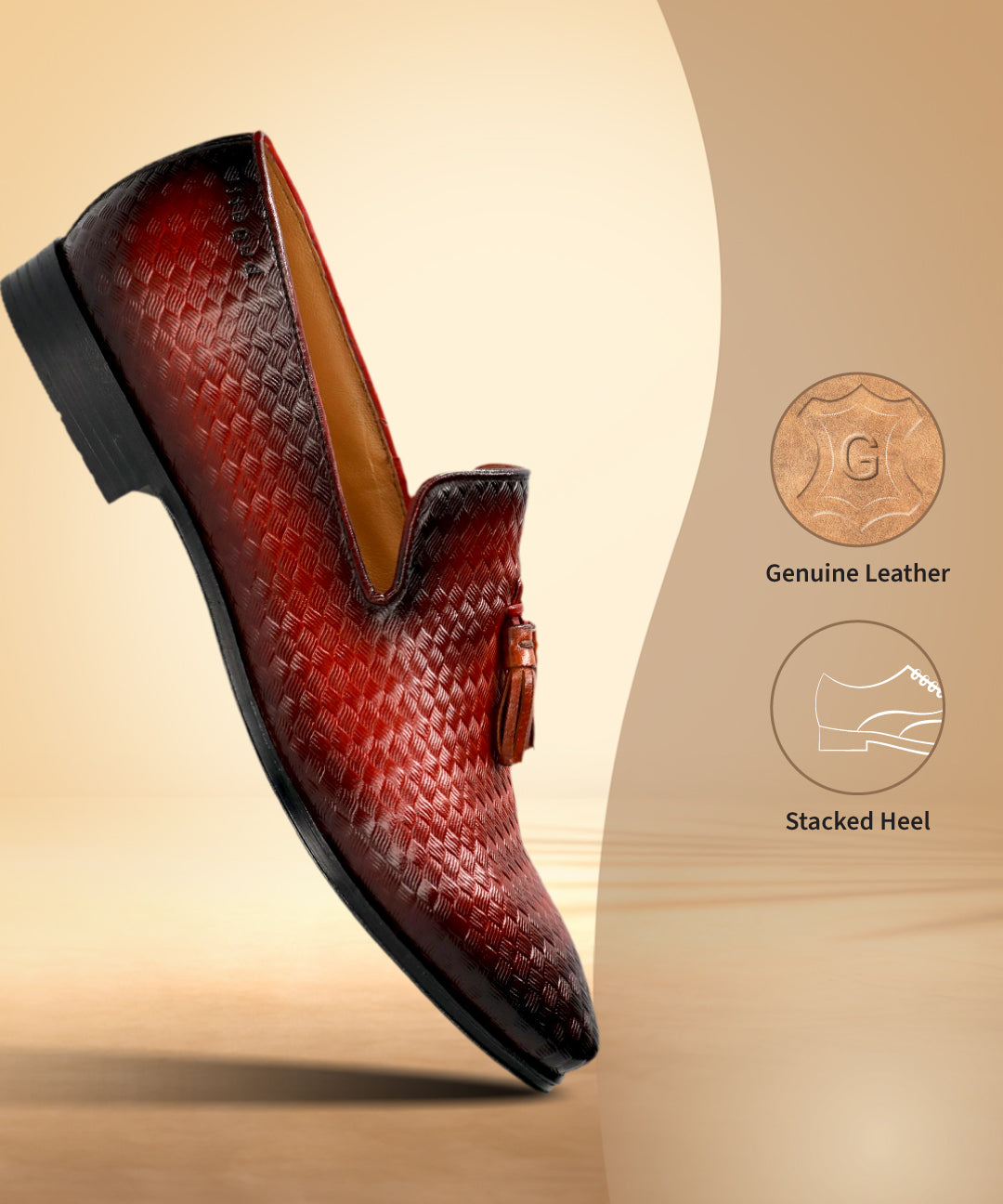 bugatti Margo red premium leather slip-on shoe with a woven texture and tassel accent.