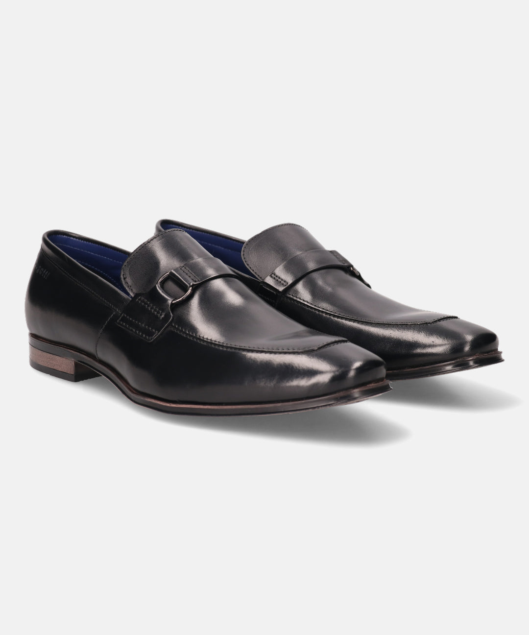 A black Men's bugatti Bit Loafer featuring a round toe apron toe, stacked heel. Made from premium genuine leather with a durable high quality synthetic outsole, this slip-on design offers both style and comfort.
