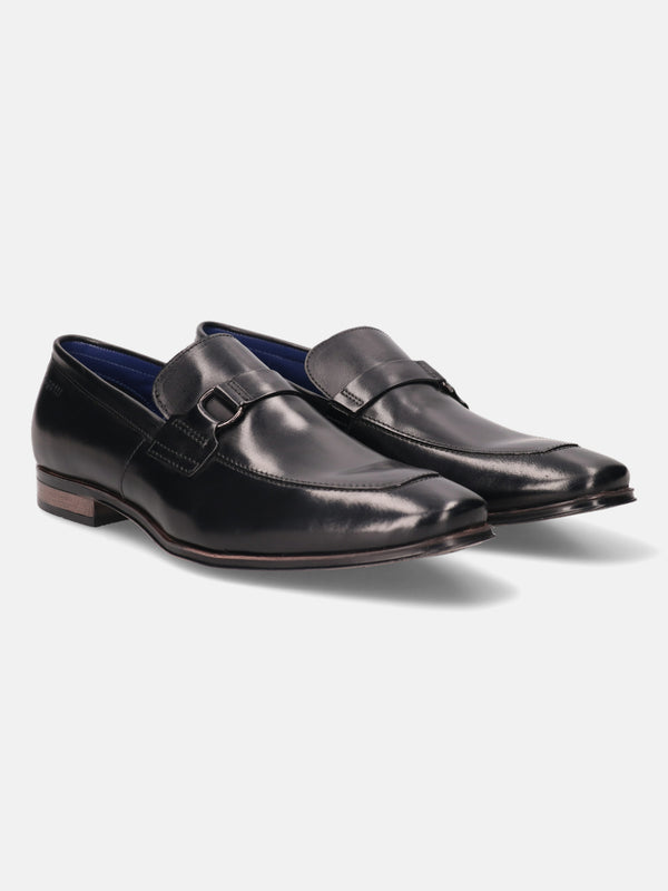 A black Men's bugatti Bit Loafer featuring a round toe apron toe, stacked heel. Made from premium genuine leather with a durable high quality synthetic outsole, this slip-on design offers both style and comfort.