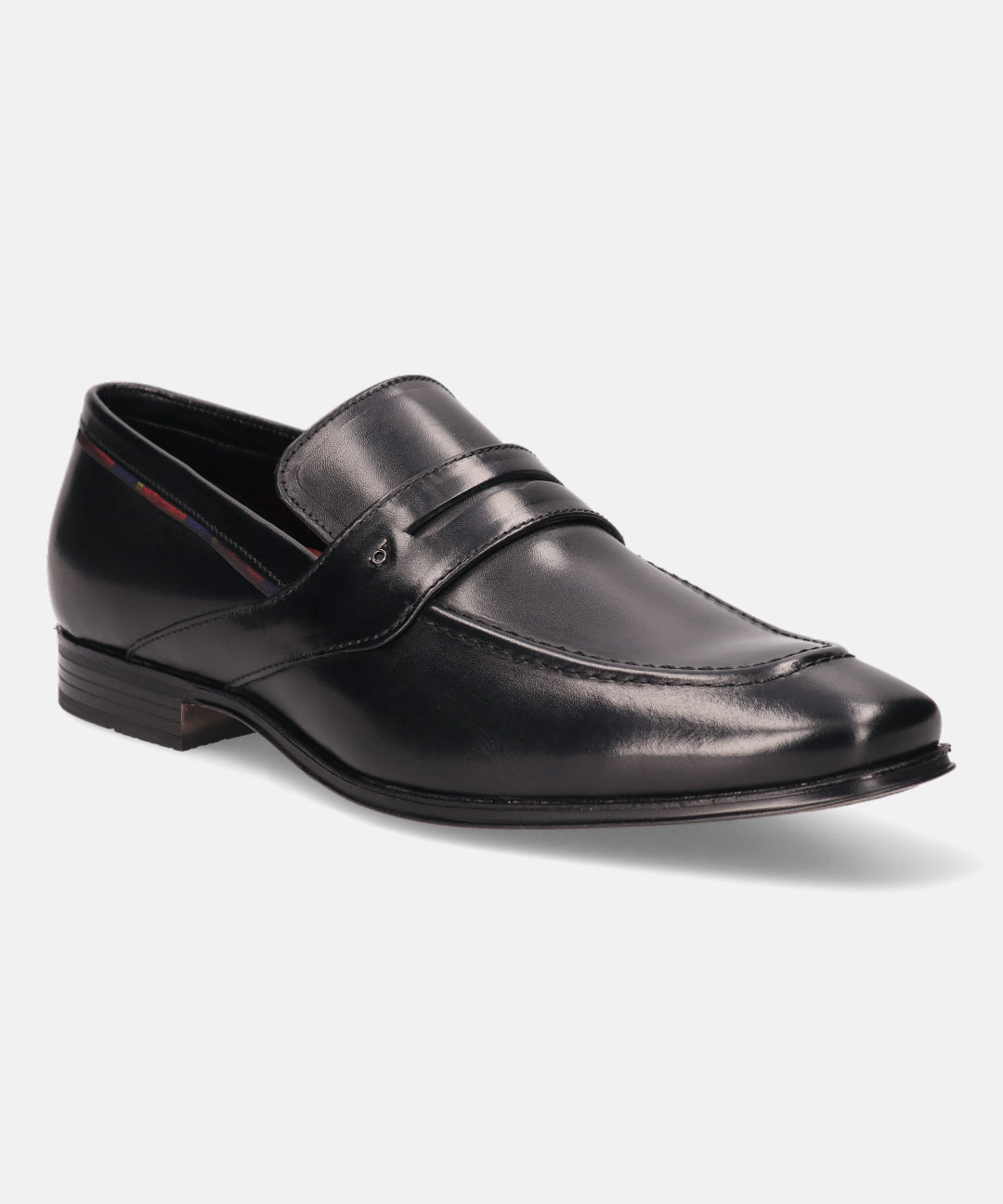 A black Men's bugatti Penny Loafer featuring a round toe apron toe, stacked heel. Made from premium genuine leather with a durable high quality synthetic outsole, this slip-on design offers both style and comfort.