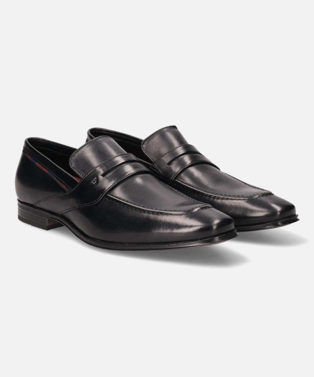 A black Men's bugatti Penny Loafer featuring a round toe apron toe, stacked heel. Made from premium genuine leather with a durable high quality synthetic outsole, this slip-on design offers both style and comfort.