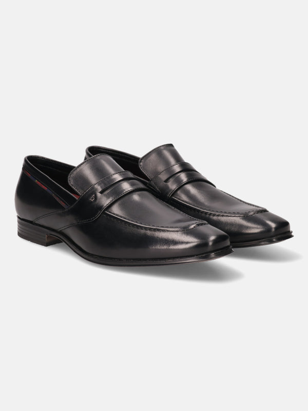 A black Men's bugatti Penny Loafer featuring a round toe apron toe, stacked heel. Made from premium genuine leather with a durable high quality synthetic outsole, this slip-on design offers both style and comfort.