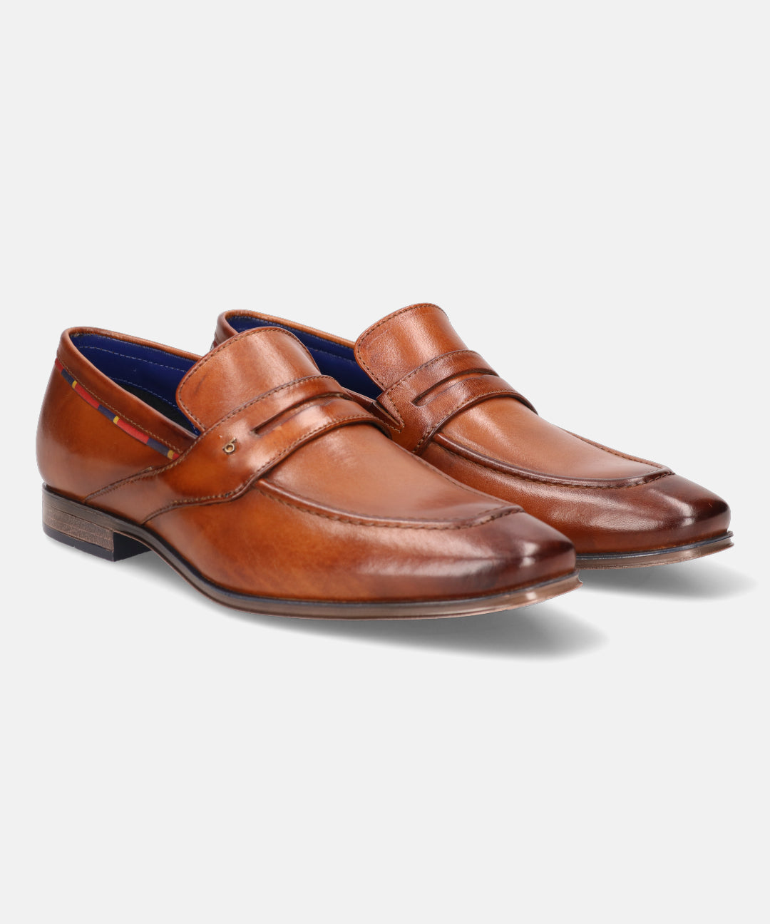 A cognac Men's bugatti Penny Loafer featuring a round toe apron toe, stacked heel. Made from premium genuine leather with a durable high quality synthetic outsole, this slip-on design offers both style and comfort.