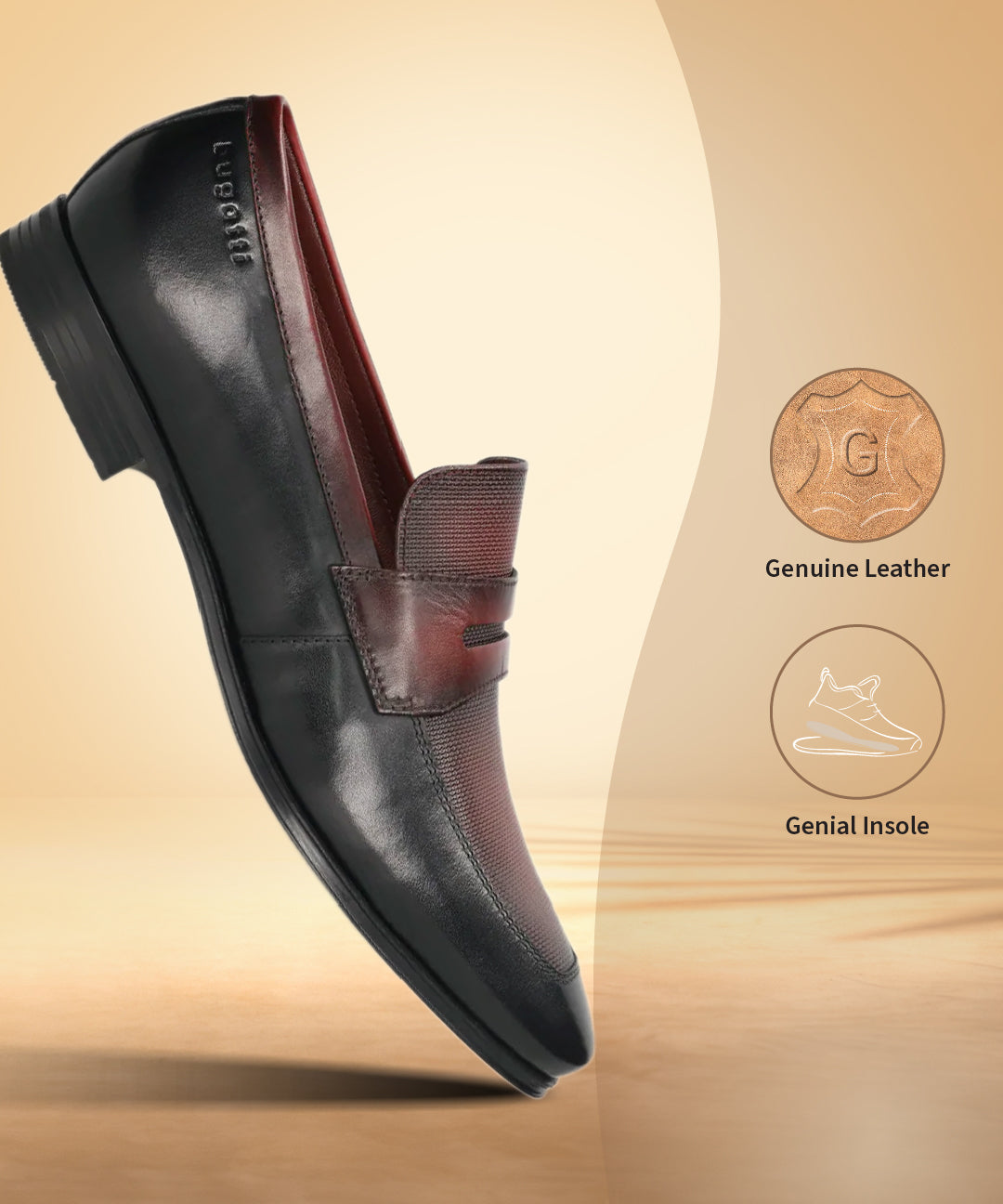 A black Men's bugatti Penny Loafer featuring a round toe apron toe, moulded  heel. Made from premium genuine leather with a durable high quality synthetic outsole, this slip-on design offers both style and comfort.