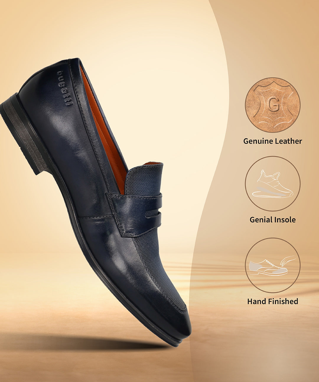Men's Bugatti penny loafer blue leather shoes with a round toe and plain toe featuring a moulded heel , a pvc outsole.