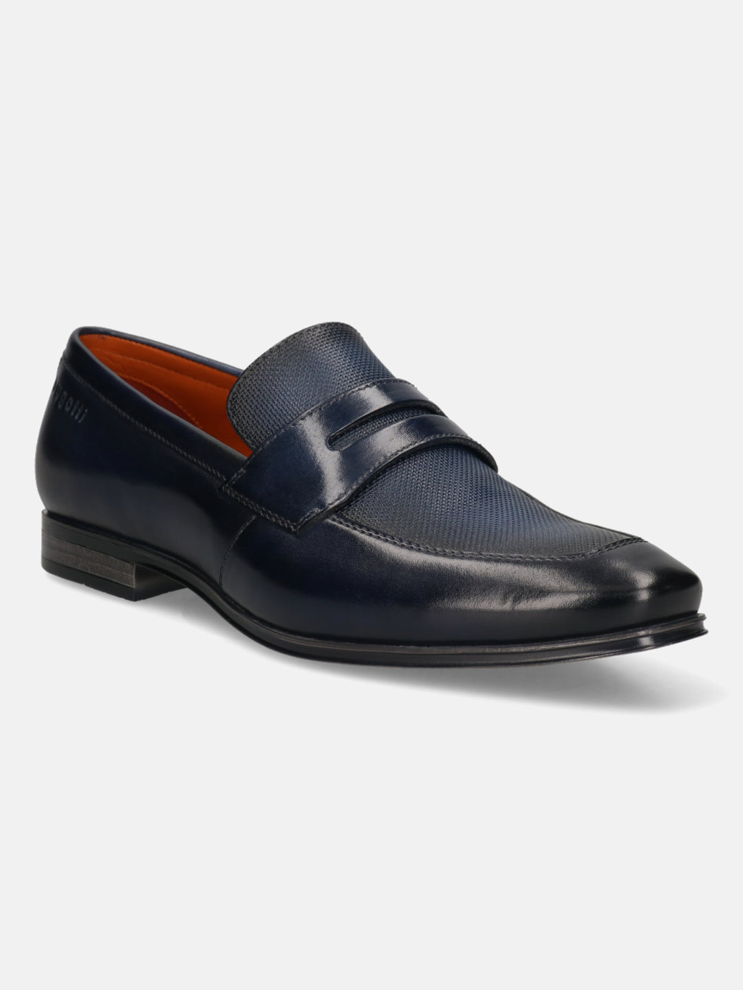 Men's Bugatti penny loafer blue leather shoes with a round toe and plain toe featuring a moulded heel , a pvc outsole.