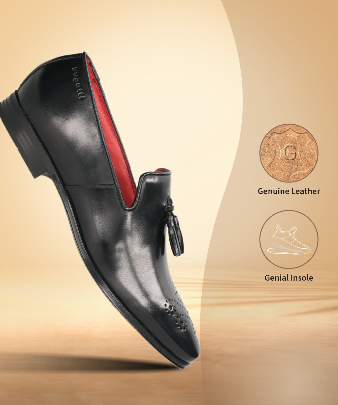 A black Men's bugatti Tassel Loafers featuring a round toe plain toe, moulded  heel. Made from premium genuine leather with a durable high quality synthetic outsole, this slip-on design offers both style and comfort.