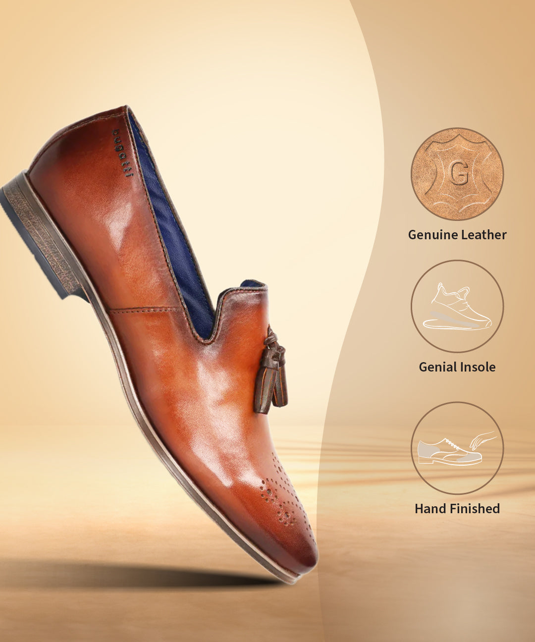 A cognac Men's bugatti Tassel Loafers featuring a round toe plain toe, moulded  heel. Made from premium genuine leather with a durable high quality synthetic outsole, this slip-on design offers both style and comfort.