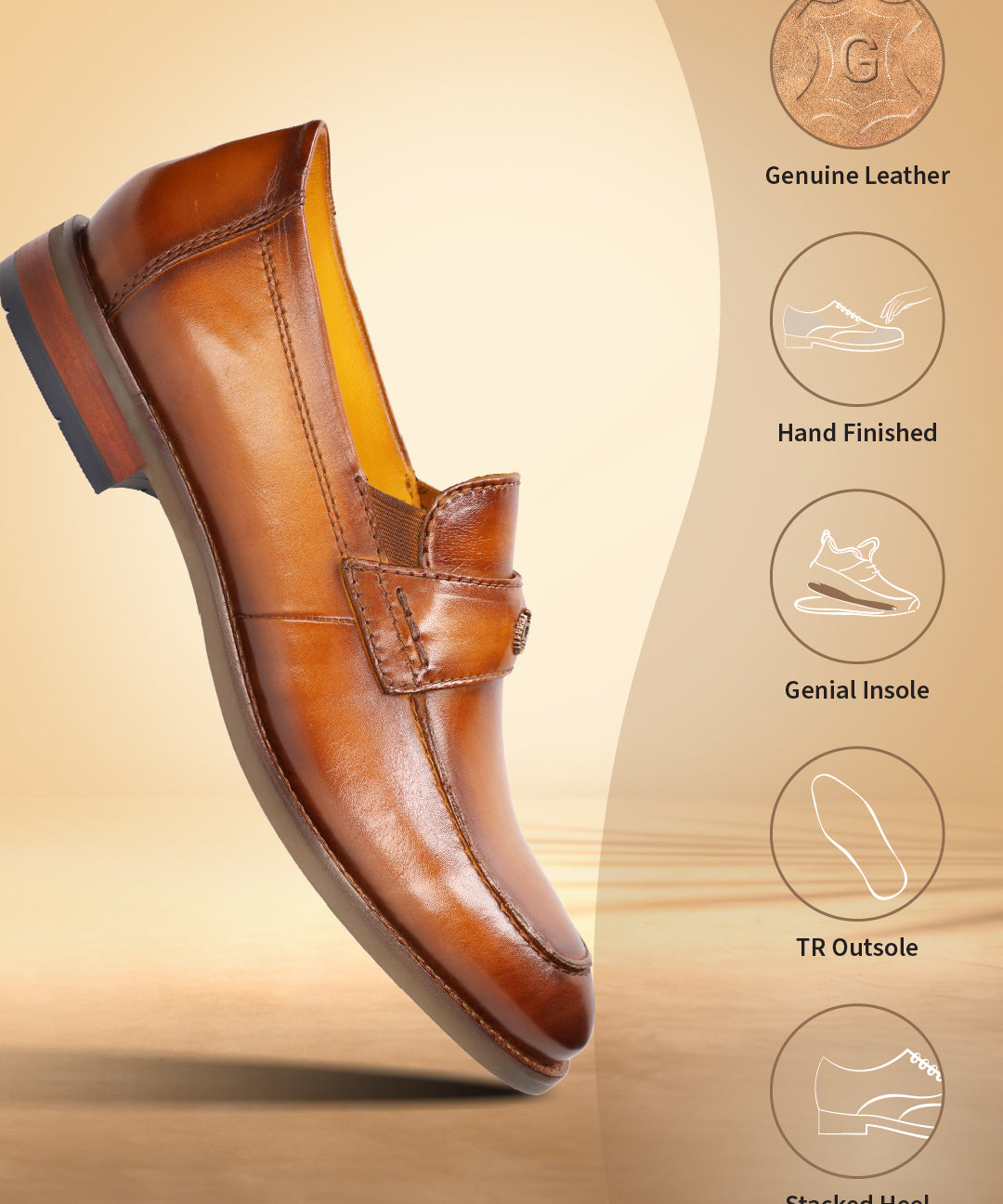 Brown leather penny loafer by bugatti, displayed at an angle, with visible stitching and layered heel.