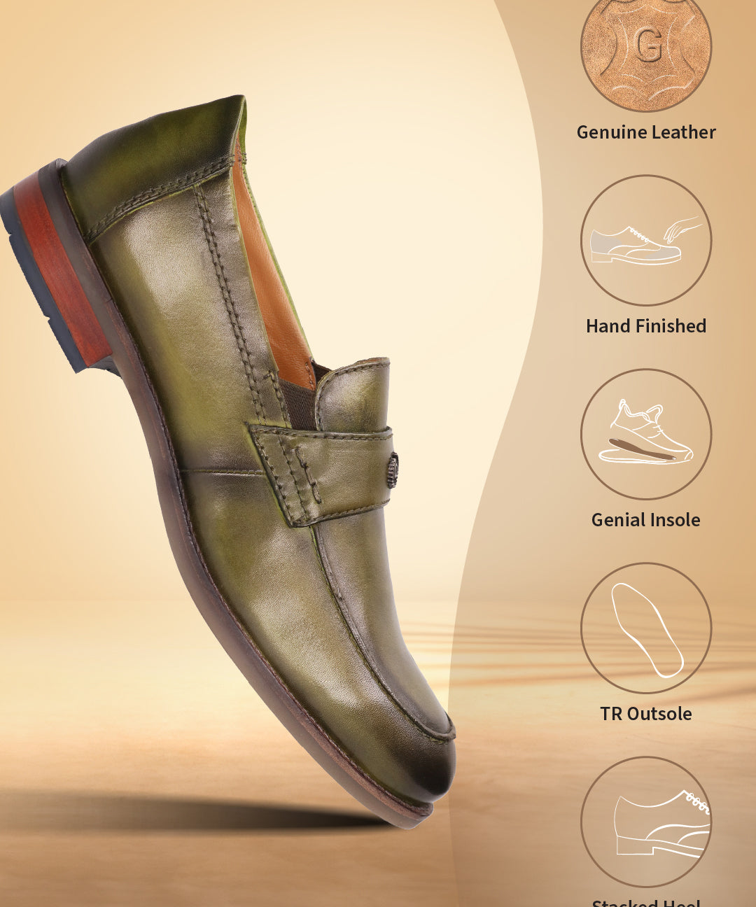 Green leather penny loafers by bugatti, with stacked heel and durable outsole.