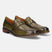 A green Men's bugatti Penny Loafer featuring a round apron toe, moulded  heel. Made from premium genuine leather with a durable tr outsole, this slip-on design offers both style and comfort.