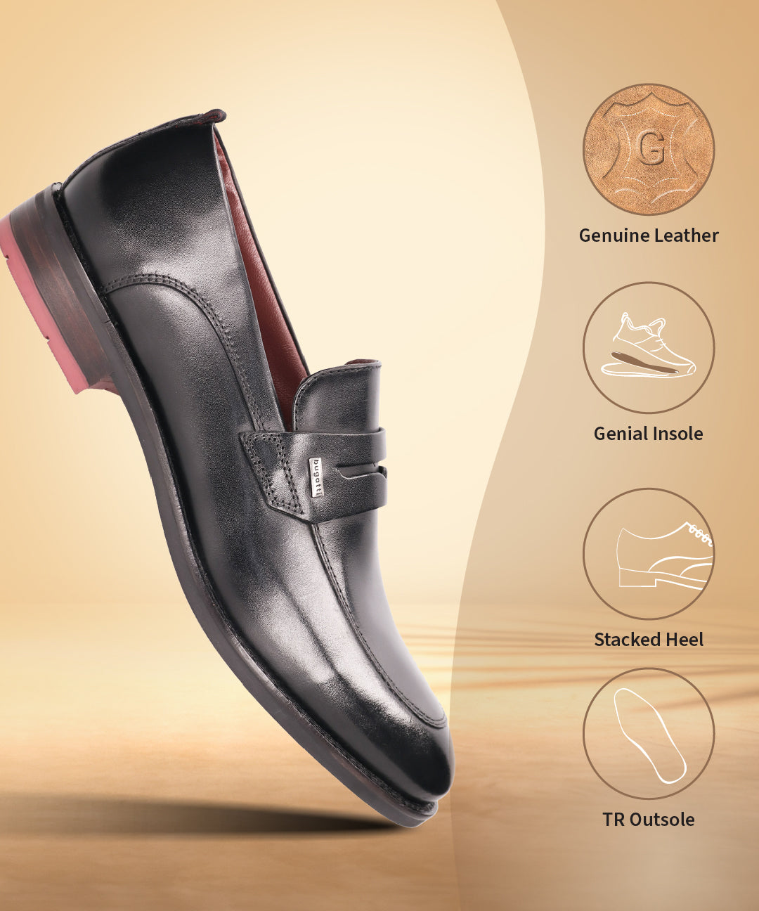 A black Men's bugatti Penny Loafer featuring a round apron toe, moulded  heel. Made from premium genuine leather with a durable tr outsole, this slip-on design offers both style and comfort.