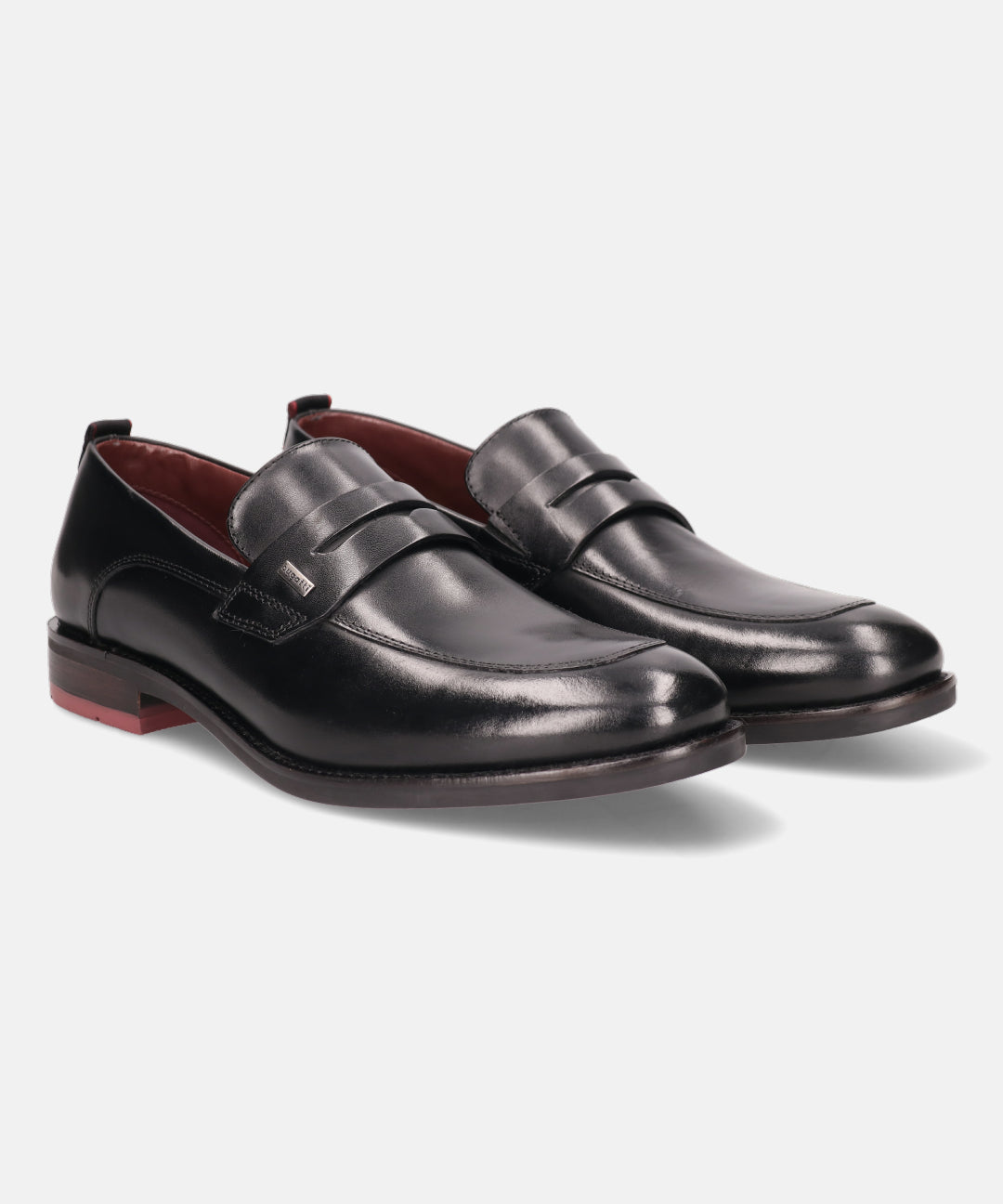 A black Men's bugatti Penny Loafer featuring a round apron toe, moulded  heel. Made from premium genuine leather with a durable tr outsole, this slip-on design offers both style and comfort.