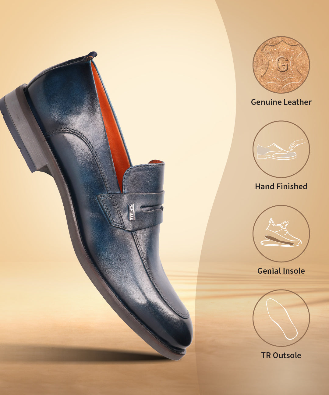 Blue leather penny loafers by bugatti with a shiny finish, shown floating on a beige background.