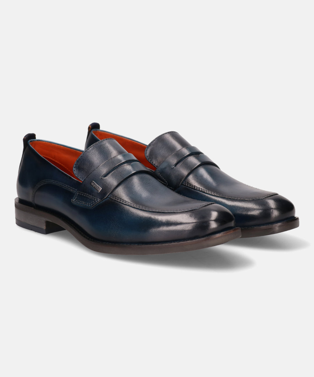 A blue Men's bugatti Penny Loafer featuring a round apron toe, moulded  heel. Made from premium genuine leather with a durable tr outsole, this slip-on design offers both style and comfort.