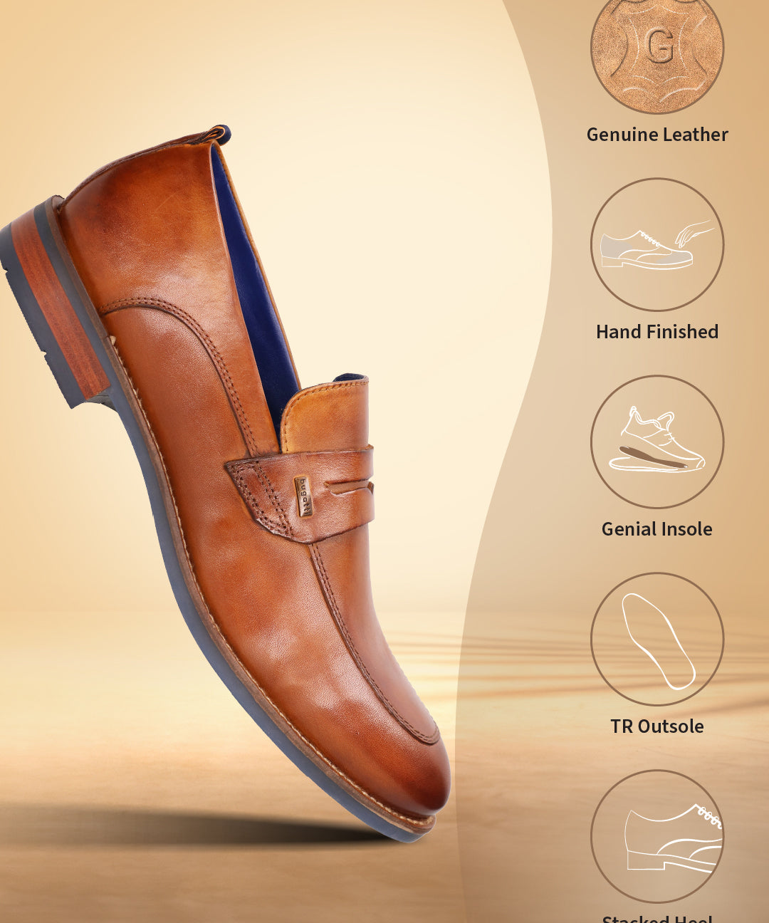 Cognac premium leather penny loafer by bugatti, with a blue insole and stacked heel.