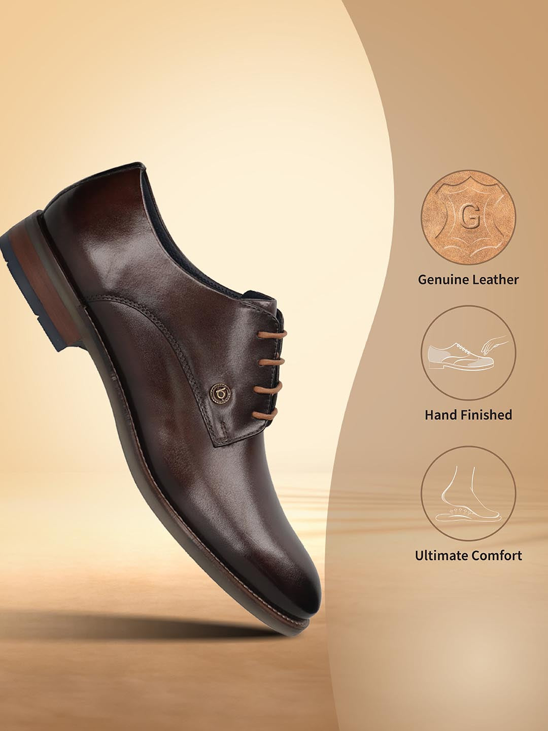 Men's Bugatti derby brown leather shoes with a round toe and plain toe featuring a moulded heel , a tpr outsole , and laces fastening.