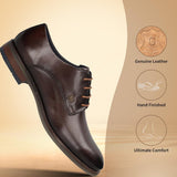 Men's Bugatti derby brown leather shoes with a round toe and plain toe featuring a moulded heel , a tpr outsole , and laces fastening.