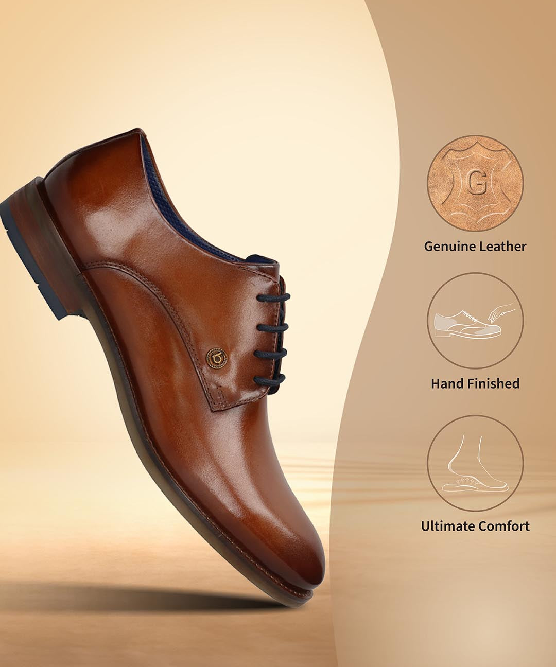 Men's Bugatti derby cognac leather shoes with a round toe and plain toe featuring a moulded heel , a tpr outsole , and laces fastening.