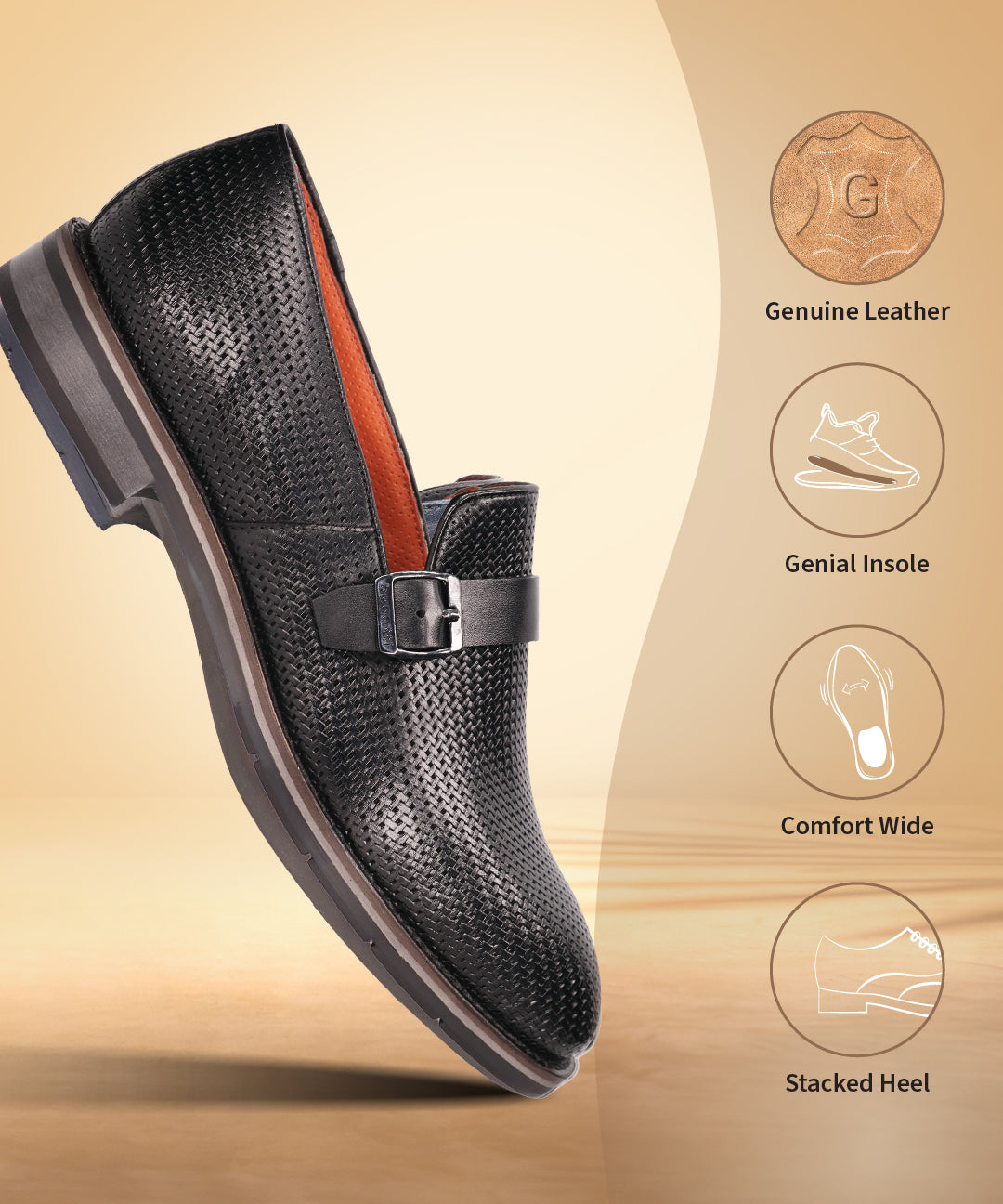 Black premium leather penny loafer by bugatti with a textured weave design and stacked heel.