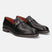 A black Men's bugatti Penny Loafer featuring a round plain toe, moulded  heel, and a wide fit. Made from premium genuine leather with a durable tr outsole, this slip-on design offers both style and comfort.