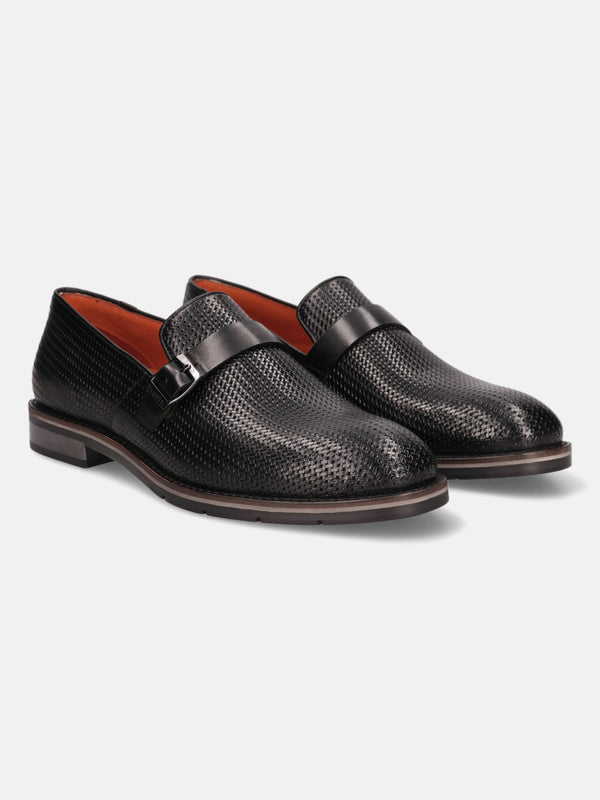 A black Men's bugatti Penny Loafer featuring a round plain toe, moulded  heel, and a wide fit. Made from premium genuine leather with a durable tr outsole, this slip-on design offers both style and comfort.