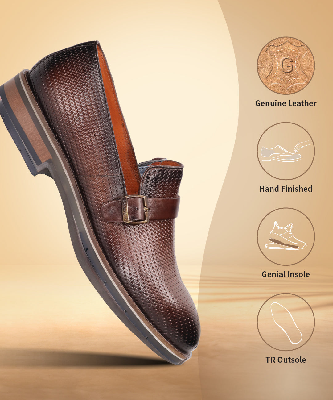 Brown leather penny loafer by bugatti with a woven texture and buckle strap detail.