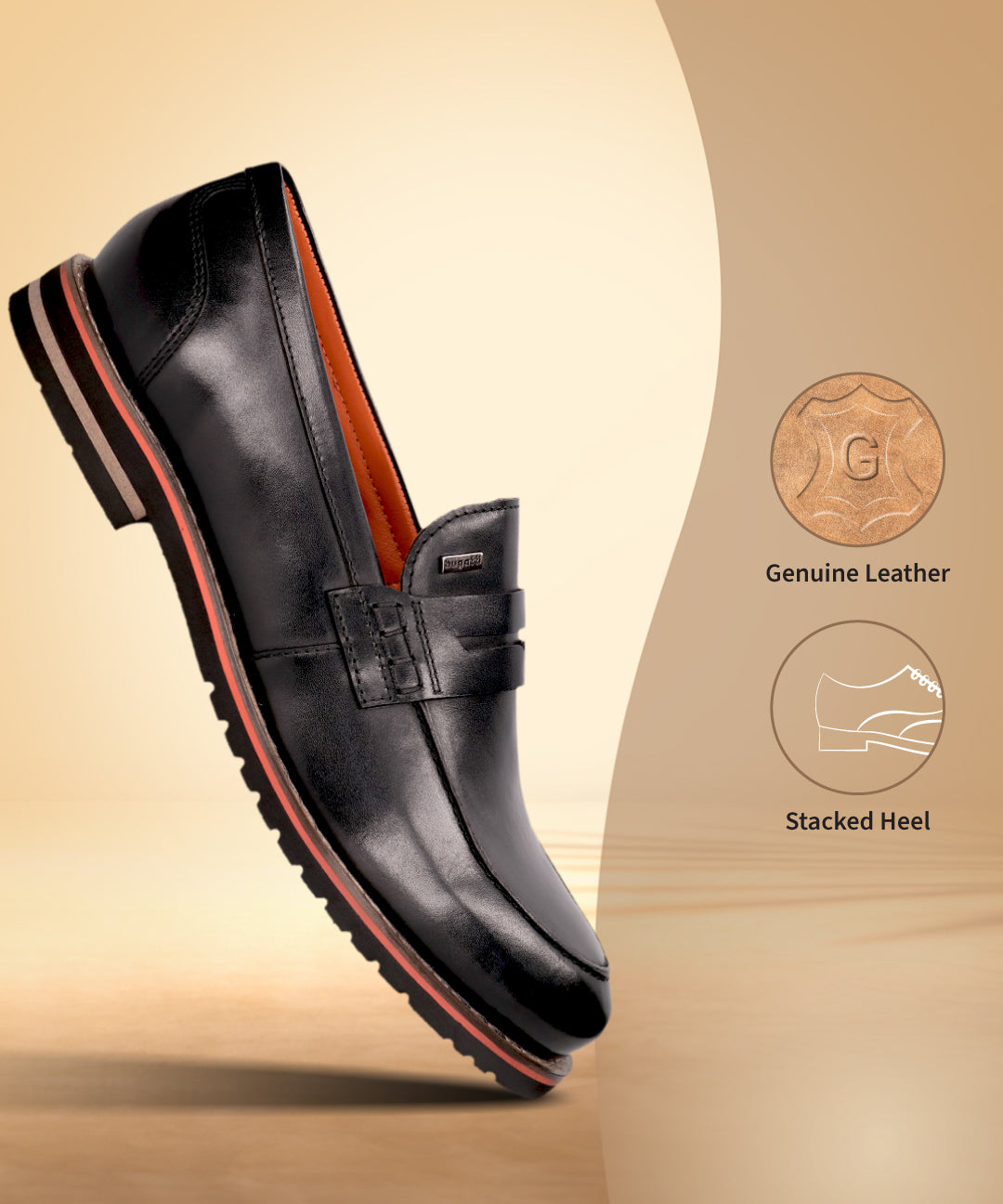 Black bugatti leather penny loafers with stacked heel and orange accent stripe.
