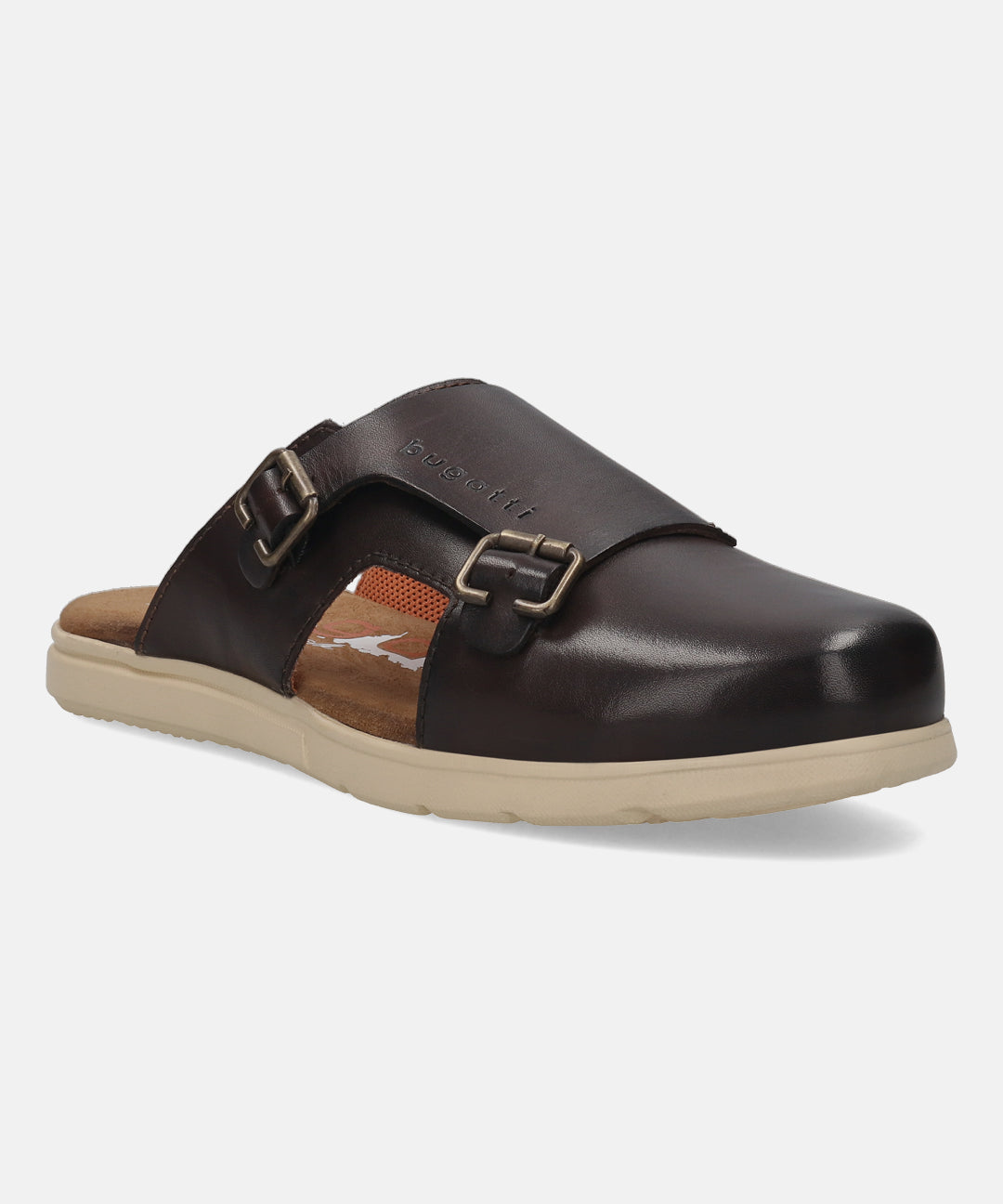 A brown Men's bugatti Mules featuring a round plain toe, zero heels heel. Made from premium genuine leather with a durable eva outsole, this slip-on design offers both style and comfort.