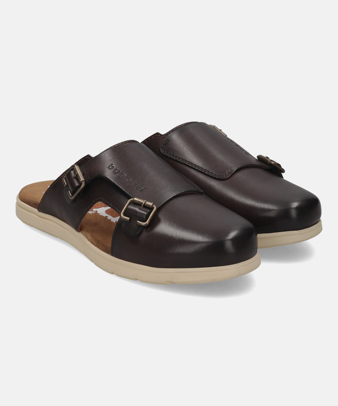 A brown Men's bugatti Mules featuring a round plain toe, zero heels heel. Made from premium genuine leather with a durable eva outsole, this slip-on design offers both style and comfort.