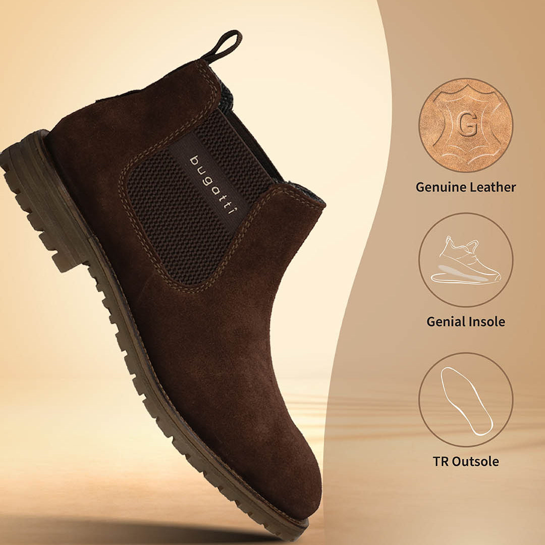 A brown Men's bugatti Chelsea Boots featuring a round toe plain toe, moulded  heel, and a wide fit. Made from premium genuine leather with a durable tr outsole, this elastic design offers both style and comfort.