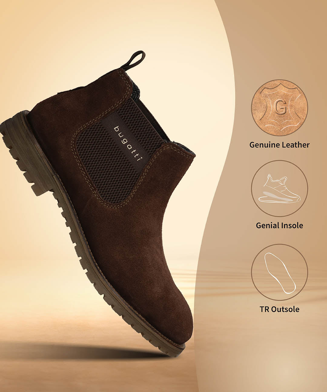A brown Men's bugatti Chelsea Boots featuring a round toe plain toe, moulded  heel, and a wide fit. Made from premium genuine leather with a durable tr outsole, this elastic design offers both style and comfort.