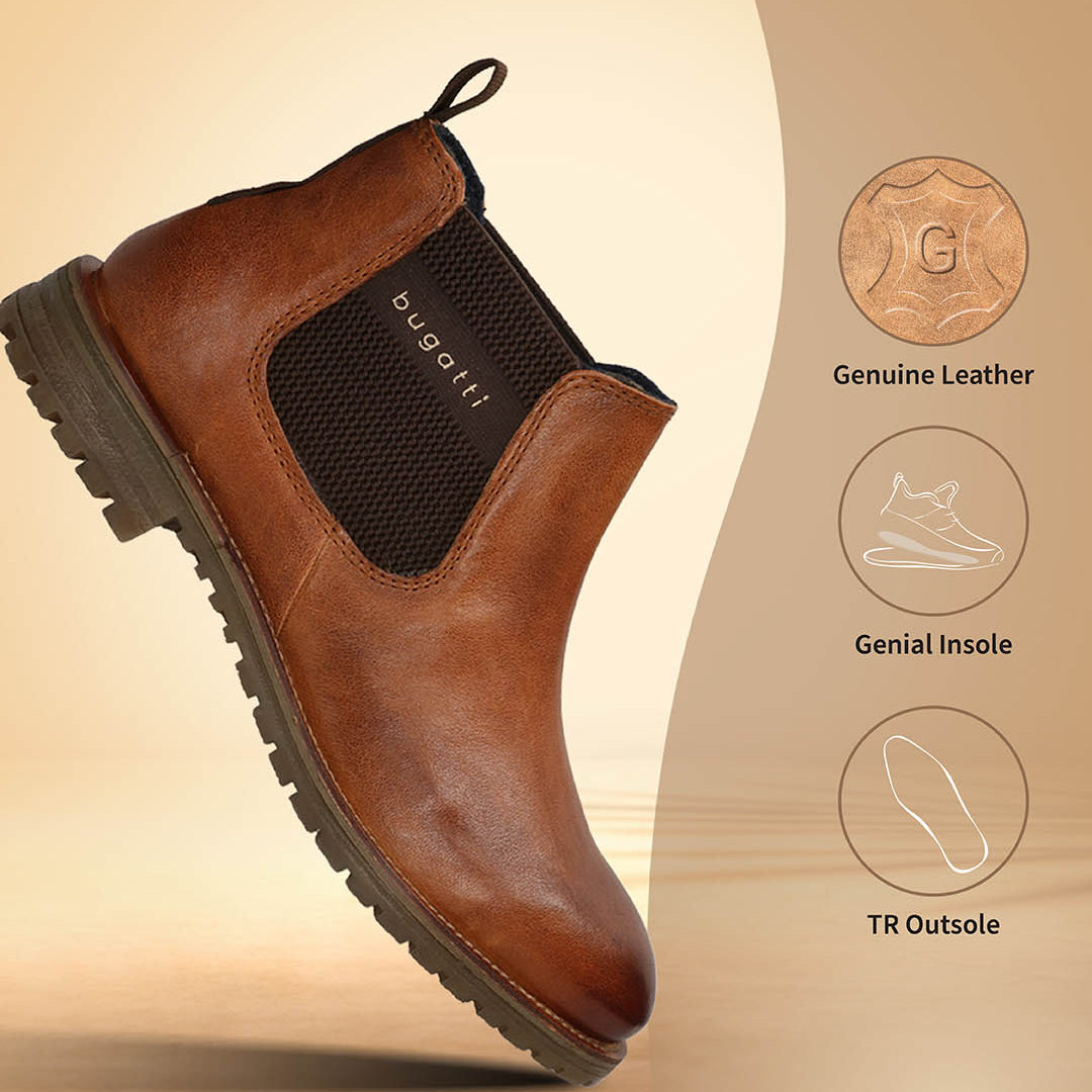 A cognac Men's bugatti Chelsea Boots featuring a round toe plain toe, moulded  heel, and a wide fit. Made from premium genuine leather with a durable tr outsole, this elastic design offers both style and comfort.