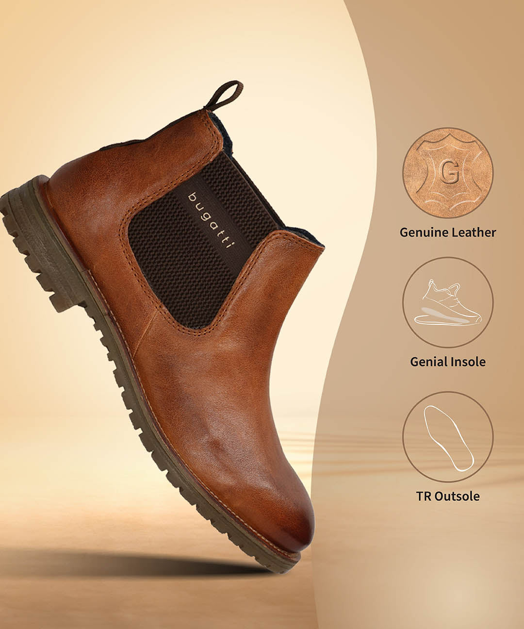 A cognac Men's bugatti Chelsea Boots featuring a round toe plain toe, moulded  heel, and a wide fit. Made from premium genuine leather with a durable tr outsole, this elastic design offers both style and comfort.