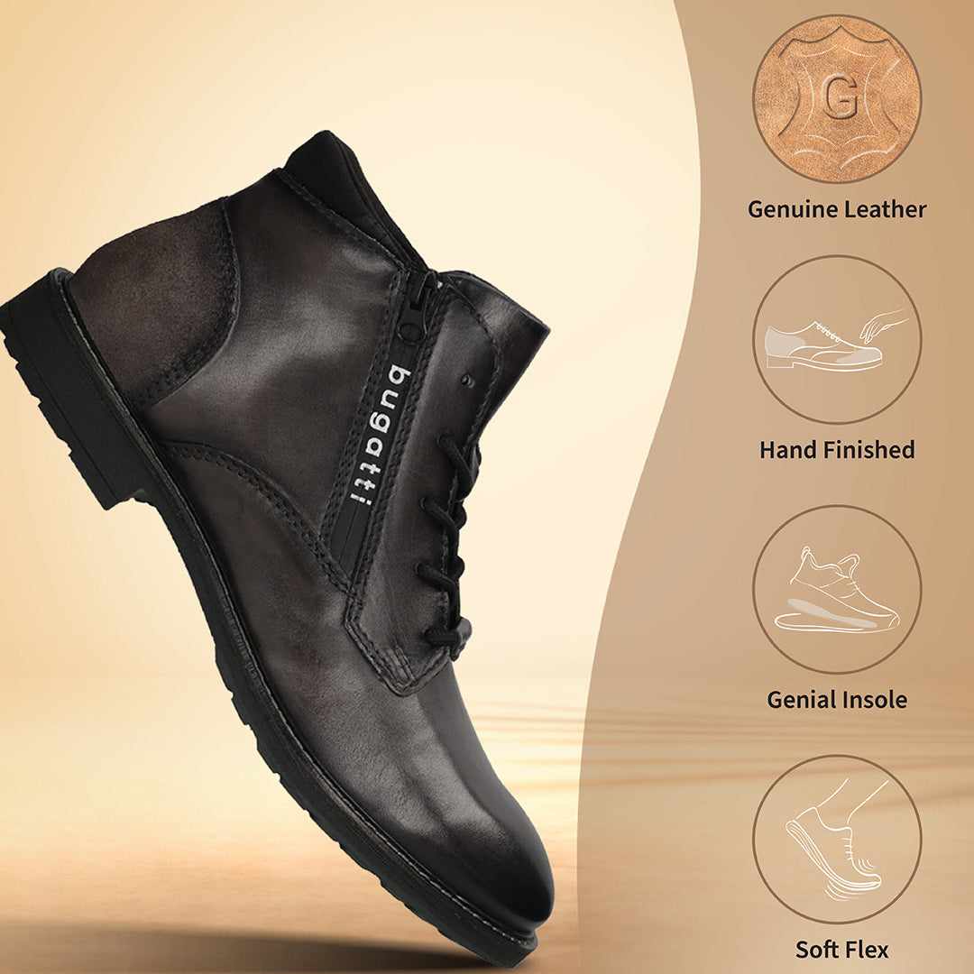 A grey Men's bugatti Ankle Boots featuring a round toe plain toe, moulded  heel, and a wide fit. Made from premium genuine leather with a durable tr outsole, this zipper design offers both style and comfort.