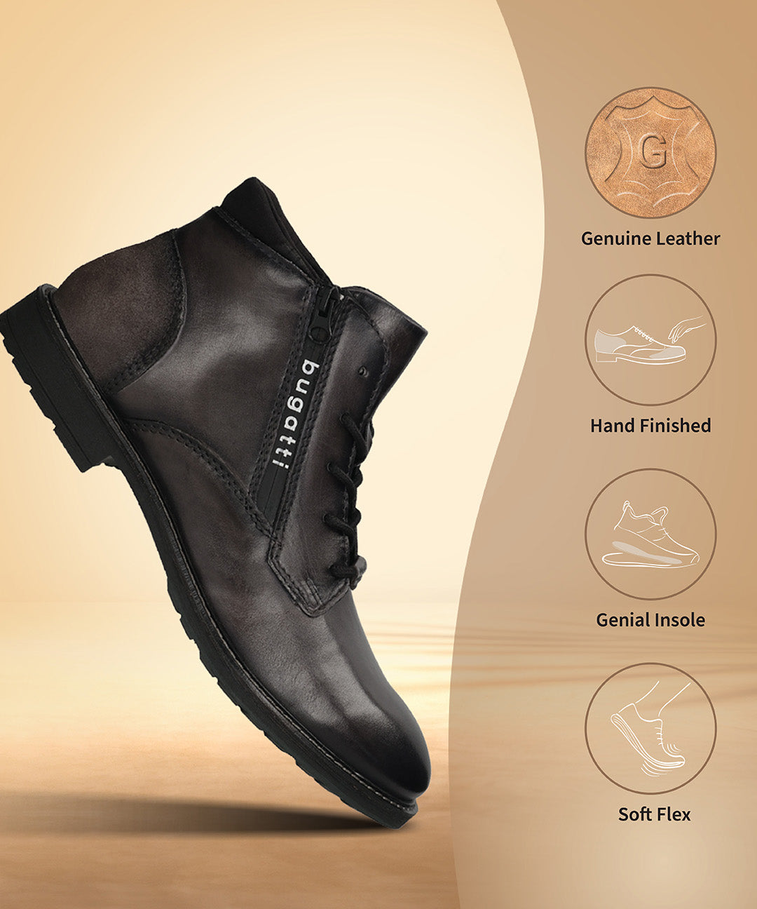 A grey Men's bugatti Ankle Boots featuring a round toe plain toe, moulded  heel, and a wide fit. Made from premium genuine leather with a durable tr outsole, this zipper design offers both style and comfort.