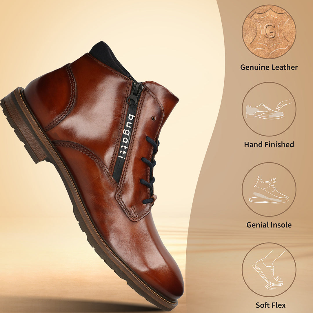 A cognac Men's bugatti Ankle Boots featuring a round toe plain toe, moulded  heel, and a wide fit. Made from premium genuine leather with a durable tr outsole, this zipper design offers both style and comfort.