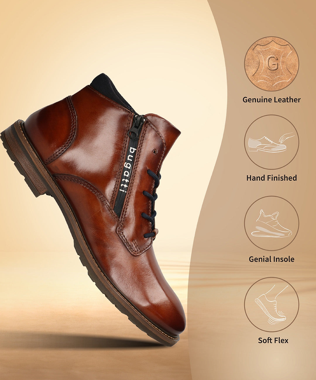 A cognac Men's bugatti Ankle Boots featuring a round toe plain toe, moulded  heel, and a wide fit. Made from premium genuine leather with a durable tr outsole, this zipper design offers both style and comfort.