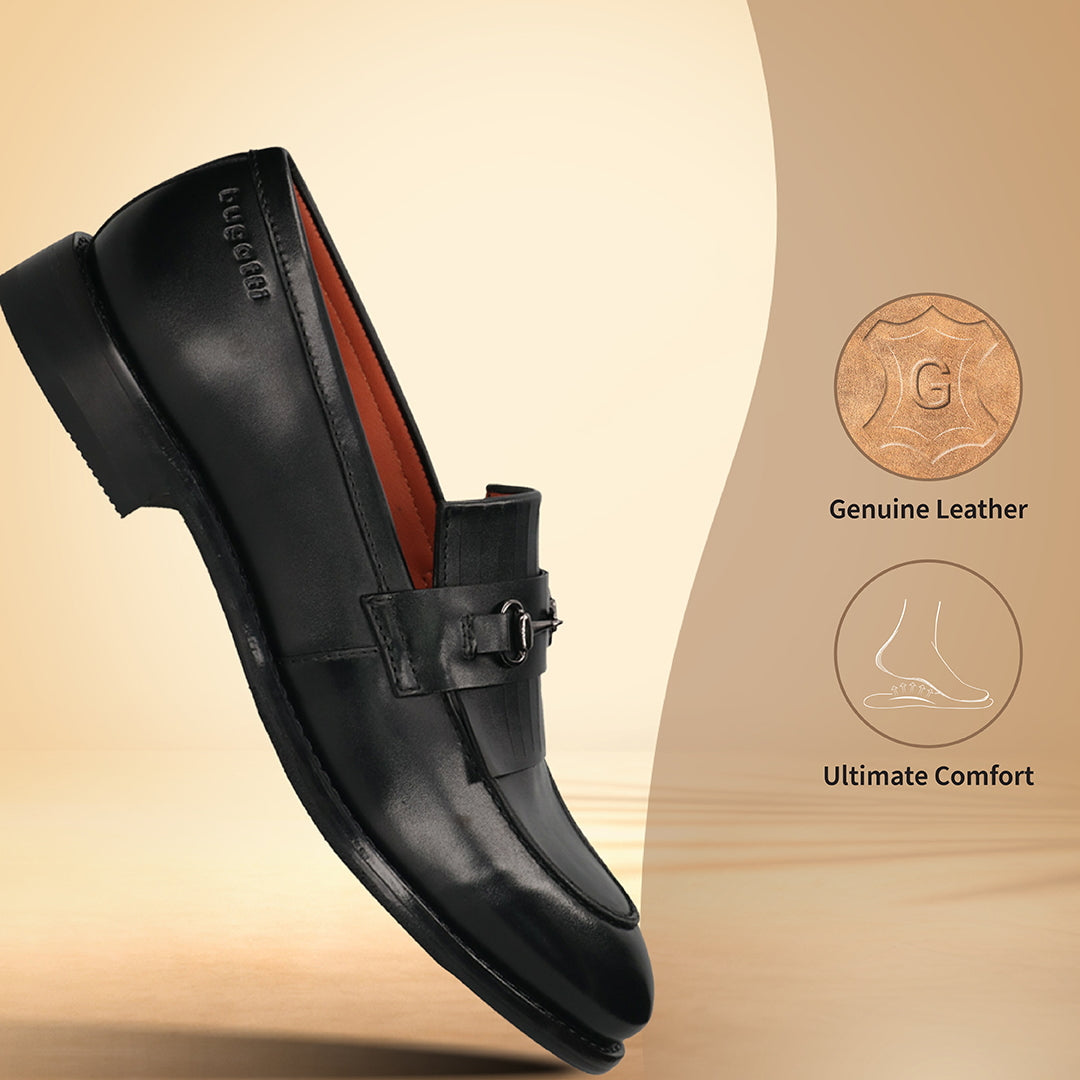 Men's Bugatti kiltie loafer black leather shoes with a round toe and apron toe featuring a stacked heel , a leather outsole.
