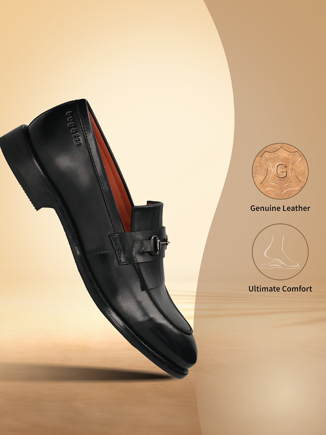 Men's Bugatti kiltie loafer black leather shoes with a round toe and apron toe featuring a stacked heel , a leather outsole.