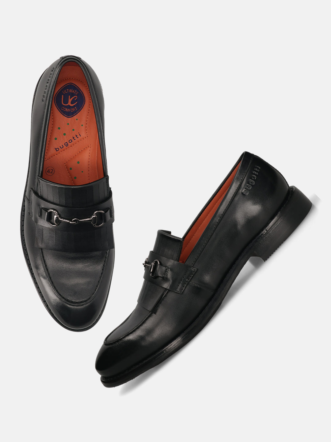 Men's Bugatti kiltie loafer black leather shoes with a round toe and apron toe featuring a stacked heel , a leather outsole.