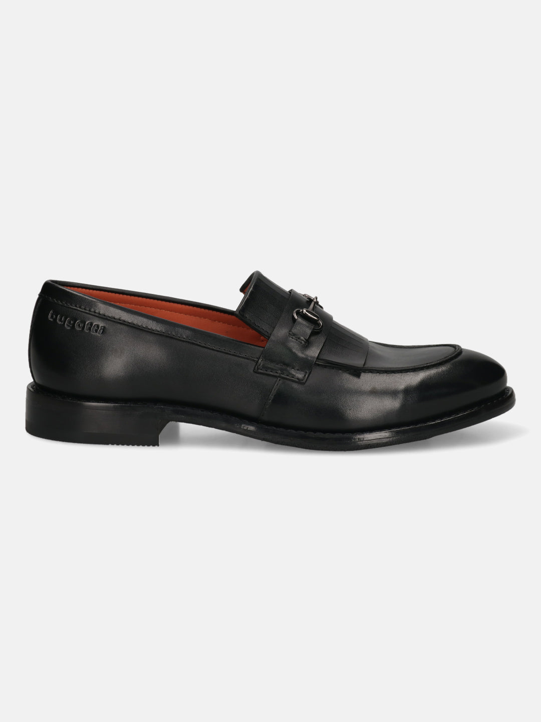 Men's Bugatti kiltie loafer black leather shoes with a round toe and apron toe featuring a stacked heel , a leather outsole.